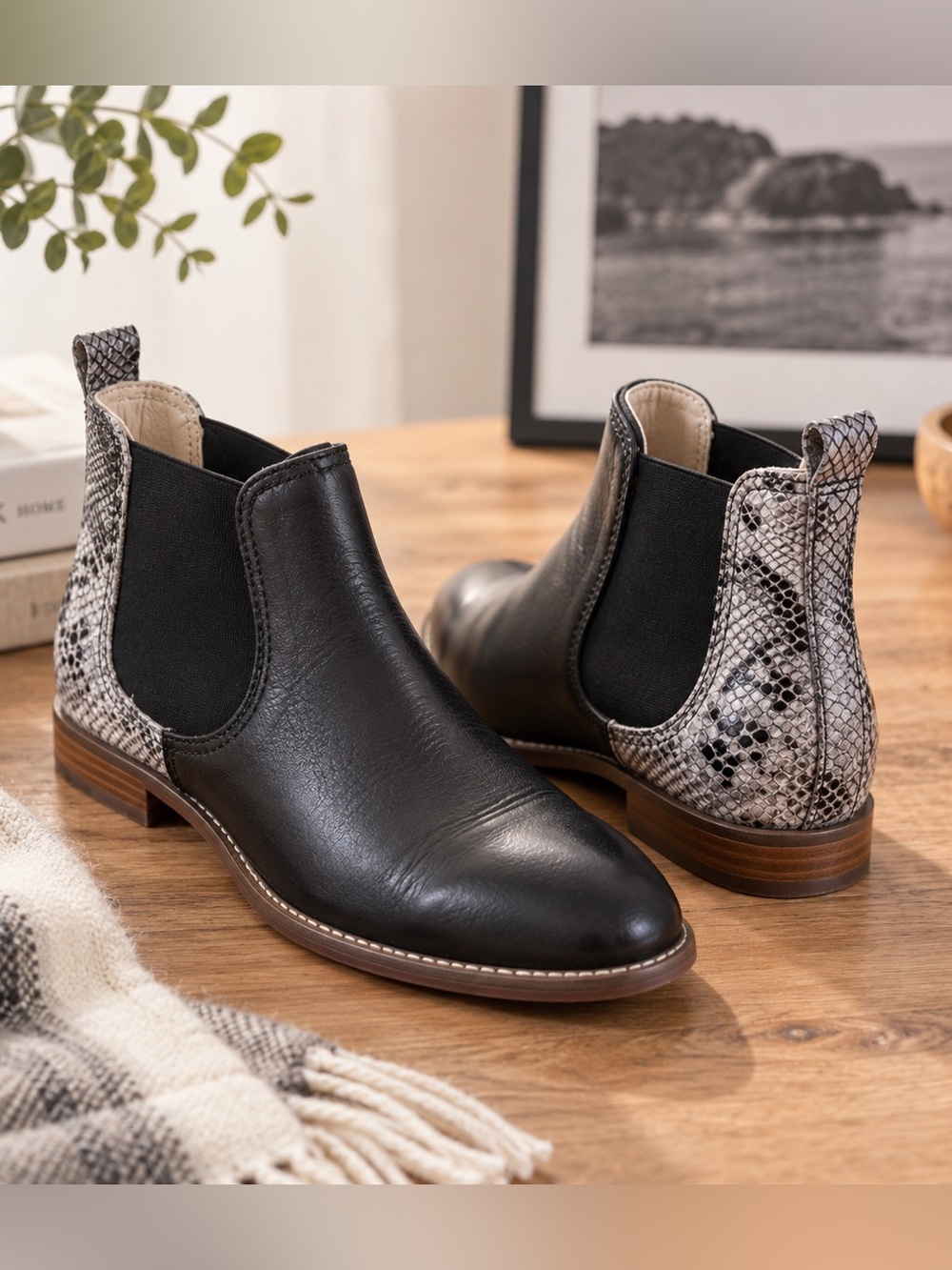 Black Leather Chelsea Boots with Snakeskin Detail